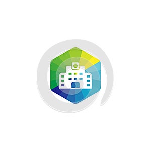 Hospital icon cross building isolated human medical view. hexagon colorful.