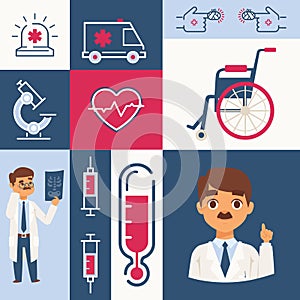 Hospital icons and stickers, vector illustration. Collage with health care symbols, doctor, wheelchair, syringe and