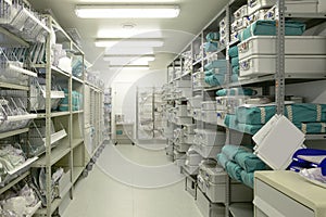 Hospital indoor storage room. Health center repository