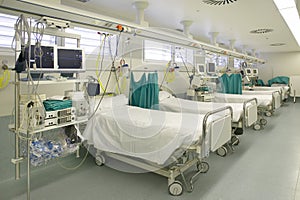 Hospital intensive care unit with beds equipment. Health center