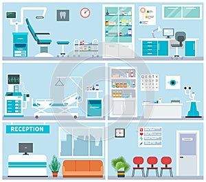 Hospital interior. Empty clinical office indoor. Doctor waiting examination room, surgery. Medical hospitalization