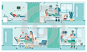 Hospital interiors with patient, doctor and relatives flat vector illustration.