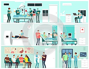 Hospital interiors with patients, doctors, nurse and medical equipment. Medicine service vector concept