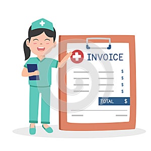Hospital invoice cartoon style vector. Nurse showing the medical invoice flat vector illustration
