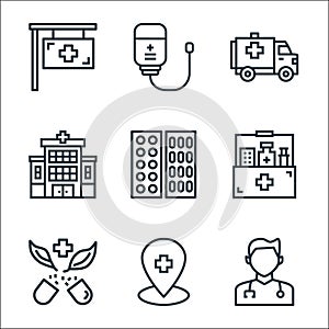 hospital line icons. linear set. quality vector line set such as doctor, location, pills, meds, tablets, hospital, ambulance,