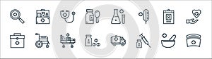 Hospital line icons. linear set. quality vector line set such as nurse, vaccine, drugs, medical box, id card, stethoscope, flask,