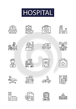 Hospital line vector icons and signs. Medicine, Treatment, Care, Doctor, Emergency, Illness, Outpatient, Surgery outline
