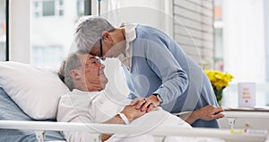 Hospital, love or elderly couple, sick patient and affection for empathy, marriage bond and support for senior person