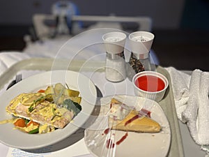 Hospital meal, dinner meal ,blurs background.