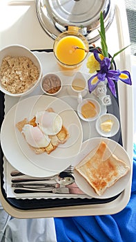 Hospital meal tray with breakfast foods