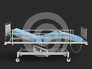 Hospital medical bed with blue mattress - side view