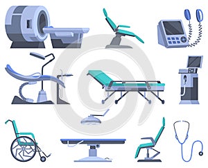Hospital medical diagnostic equipment icon set. Clinic devices, health system or monitoring. Tomograph, scanner, xray