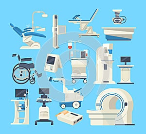 Hospital medical diagnostic equipment. Medical devices, health system, monitoring. Tomograph, scanner, x-ray, dentist chair,