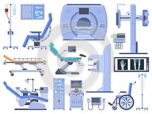 Hospital medical diagnostic healthcare equipment tools. Dentist chair, wheelchair, blood transfusion, cardiograph