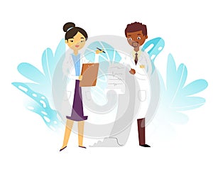 Hospital medical doctors male and female medicine workers physicians with stethoscope and cardiogramme vector