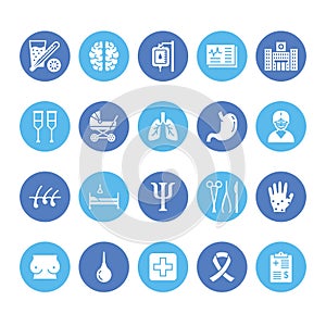 Hospital, medical flat glyph icons. Human organs, stomach, brain, flu, oncology, plastic surgery, psychology breast