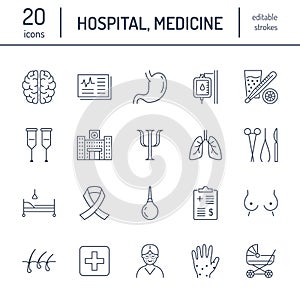 Hospital, medical flat line icons. Human organs, stomach, brain, flu, oncology, plastic surgery, psychology, breast photo