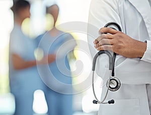 Hospital, medical and hands of doctor with stethoscope for professional cardiology exam closeup. Healthcare