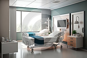 Hospital Medical Room Interior With Comfortable Beds And Big Windows - Generative AI