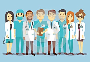 Hospital medical staff team doctors nurses surgeon vector flat illustration