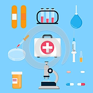 Hospital medicine first aid kit and laboratory equipment for analysis