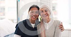 Hospital, nurse and senior woman hug for comfort, empathy and support for cancer patient. Healthcare, clinic and