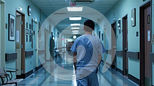 Hospital Orderly in Scrubs Walking Through Medical Corridor