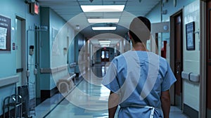 Hospital Orderly in Scrubs Walking Through Medical Corridor