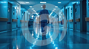 Hospital Orderly in Scrubs Walking Through Medical Corridor