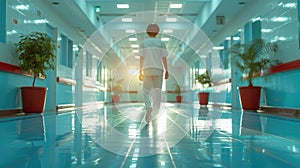 Hospital Orderly Walking Through Corridor at Sunrise