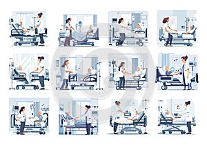 Hospital patient care cartoon scenes vector set. Nurse doctor woman character helping lying elderly person, medical ward