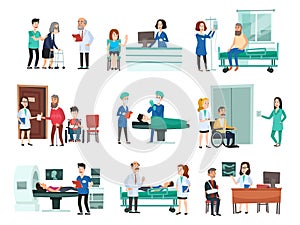 Hospital patients. Hospitalized patient on hospitals bed, nurse and doctor helping sick people isolated cartoon vector