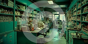 hospital pharmacy, showcasing the shelves stocked with medications, the compounding area, and the diligent work of