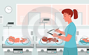 Hospital preterm baby incubator, neonatal healthcare, neonatologist works to care infant