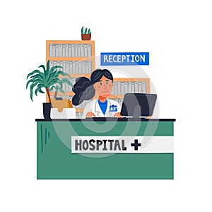 Hospital reception. Front desk at clinic - woman receptionist sitting at the registration office. Healthcare and