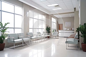 Hospital reception and lobby lounge, white and beige colored modern medical office interior, dental clinic, aesthetics clinic,