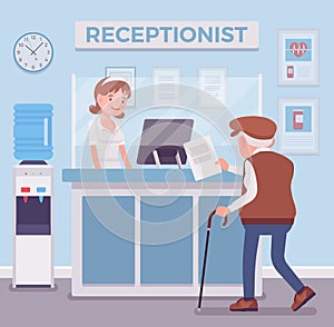Hospital receptionist giving old man nformation, checking in for appointment