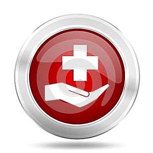 Hospital red glossy vector icon, healthcare concept silver metallic round web button