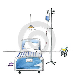 Hospital room with a bed, a dropper, and a urinal in the hospital. Humorous watercolor illustration