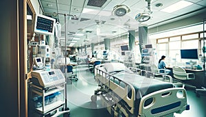 A hospital room with a bed and a monitor. The room is clean and sterile. There are several nurses and doctors in the room