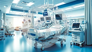 A hospital room with a bed and a monitor. The room is clean and well-lit