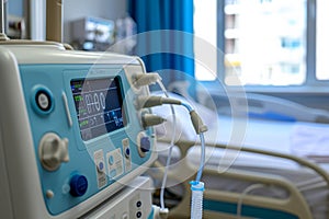 A hospital room with a bed and a monitor showing vital signs, A respiratory ventilator in a calm, peaceful setting, AI Generated