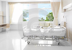 Hospital room with beds and comfortable medical equipped with na