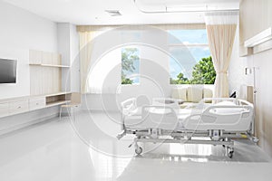 Hospital room with beds and comfortable medical equipped with na