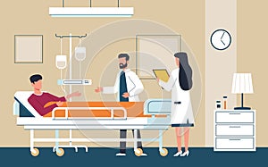 Hospital room. Doctor in uniform and nurse provide medical care patient in intensive therapy ward lying on bed