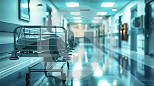 A hospital room with a hospital bed positioned on a movable cart