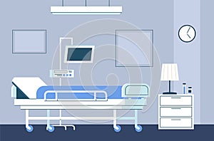 Hospital room interior. Modern intensive therapy ward with bed on wheels and medical equipment emergency clinic with