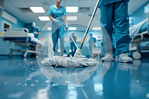 Hospital sanitation staff mopping the floor with a focus on cleanliness