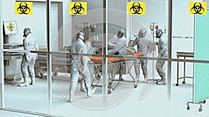 Hospital scene, hospitalization for emergency contagion risk. Coronavirus. Doctors in protective suits and masks to cover the face