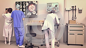 Hospital scene, hospitalization for emergency contagion risk. Coronavirus. Doctors in protective suits and masks to cover the face